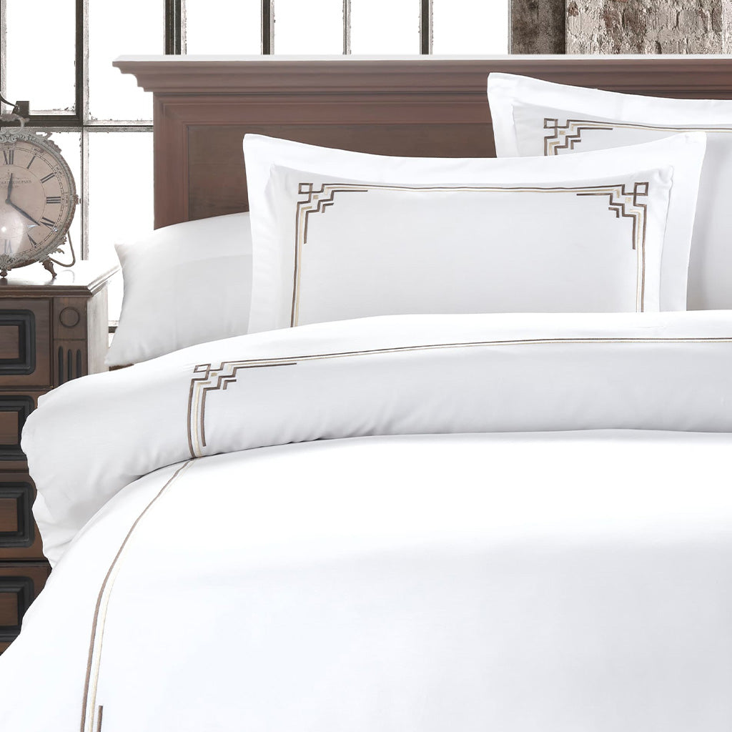 Soft and Silky Cotton Bed Linen Set in White-Brown Color – Luxurious and Breathable for Maximum Comfort