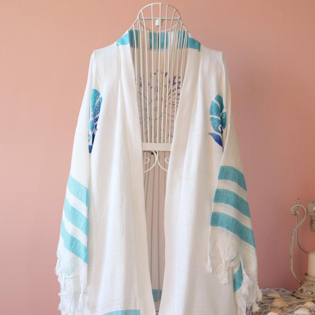 Bamboo-cotton, breathable, hand-made kimono with blue floral designs and stripes
