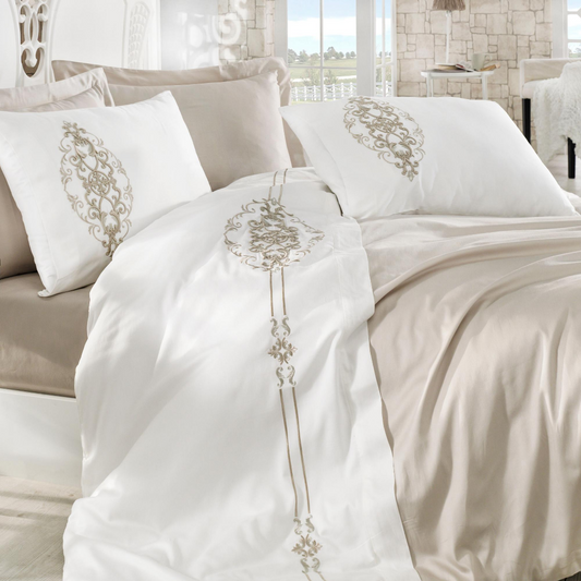 Fresh bedroom decorated with white-beige color, Turkish cotton bedding set.