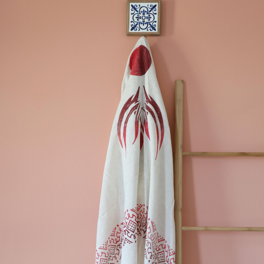 Ecru linen-cotton scarf/shawl has hand-made prints 